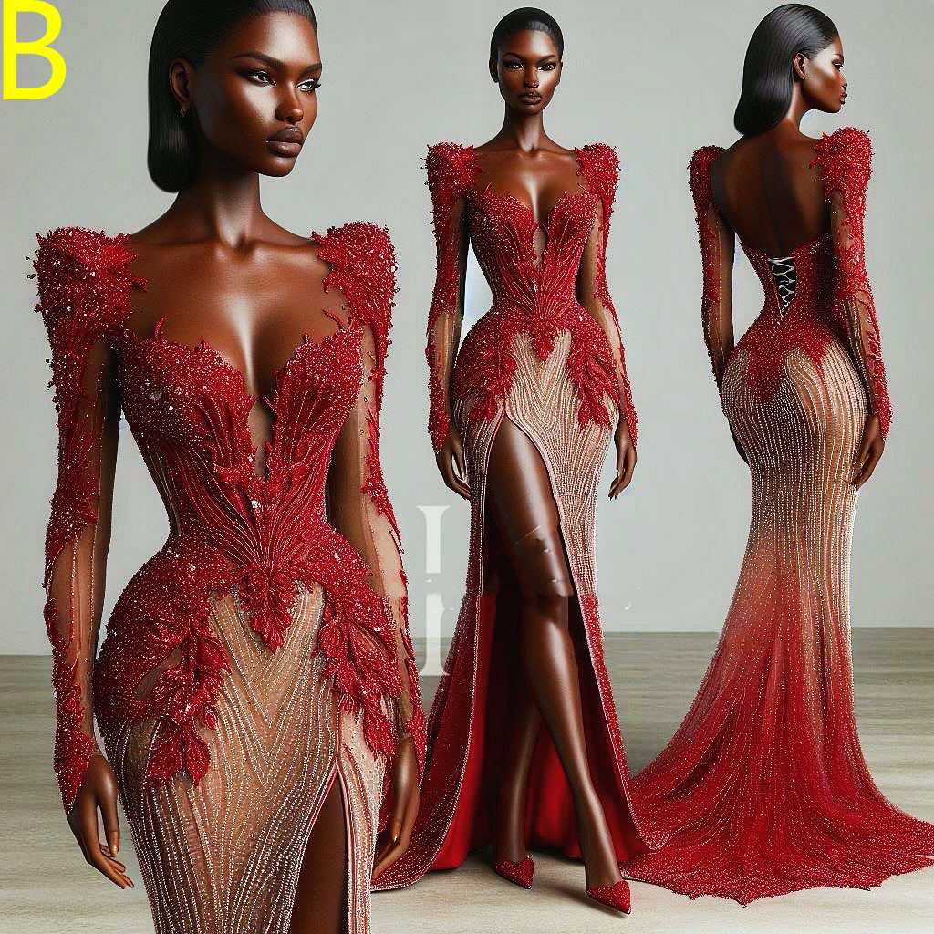 2024 Aso Ebi Vermelho Luxuoso Sereia Vestido de Baile Lace Frisado Cristais Tiers Noite Festa Formal Segunda Recepção Aniversário Vestidos de Noivado Vestidos Robe De Soiree ZJ23