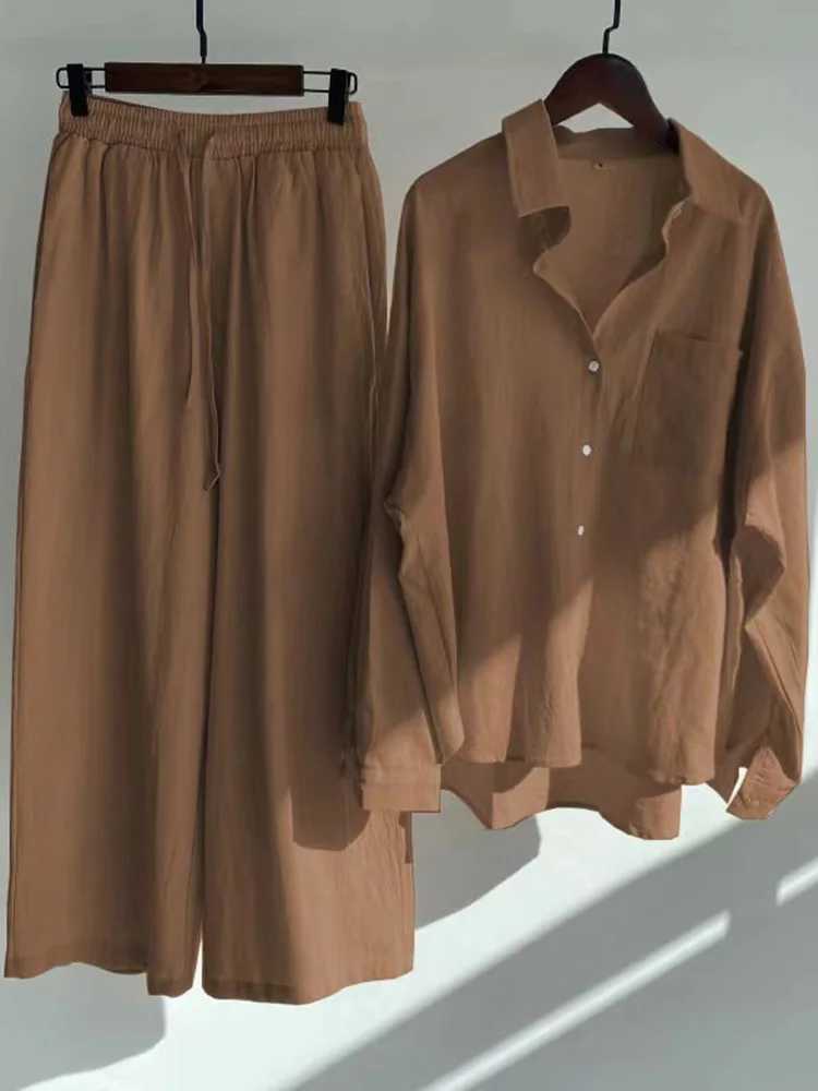 Pantalons deux pièces pour femmes 2024 coton lin deux pièces ensembles femmes tenues automne élégant lâche manches longues revers chemises + pantalon femme costume surdimensionné S-5XL YQ240214