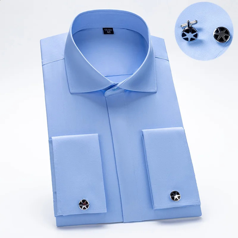 Windsor Collar French Cuff Dress Shirt Fashion Men's Long Sleeve Luxury Business Formal Shirts Covered Button Cufflink 240126