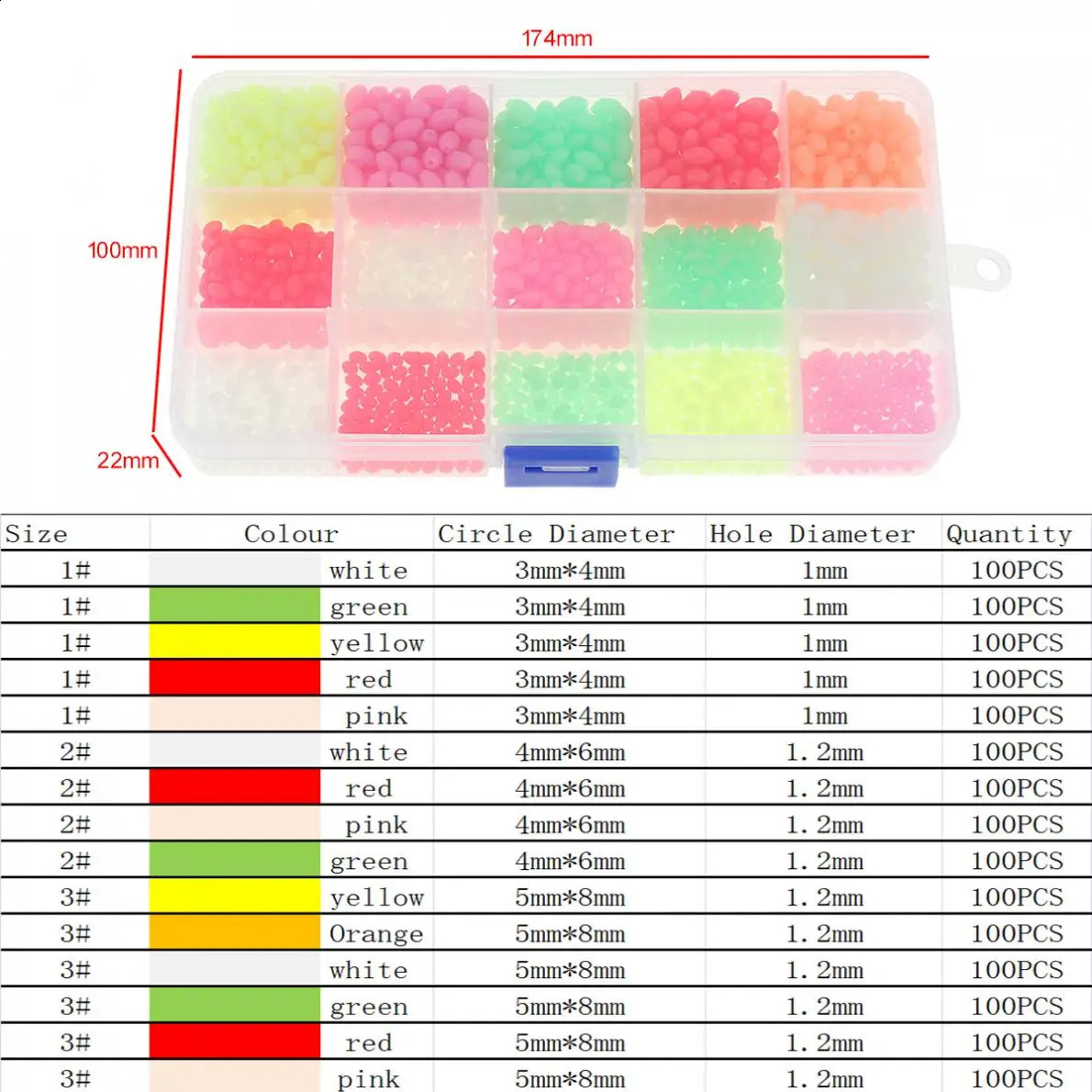 1500 pièces perles de pêche ovales colorées dures et lumineuses 3x4mm 4 6mm 5 8mm tailles mélange de leurre de mer flotteur flottant avec boîte 240119