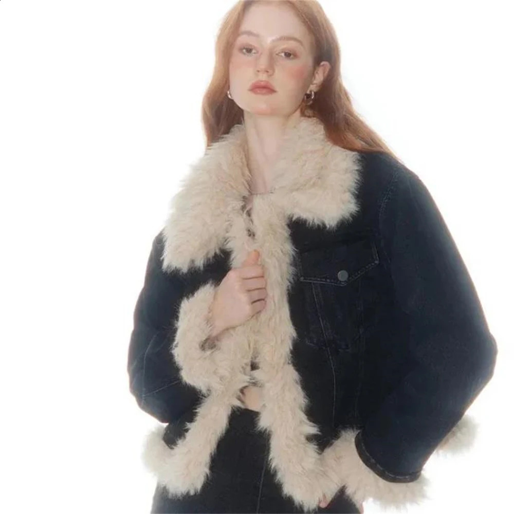 Abrigos vaqueros de piel Lisa Vintage para mujer, chaquetas de manga larga con retales a la moda informal, Tops Y2k para primavera 2024, 240202