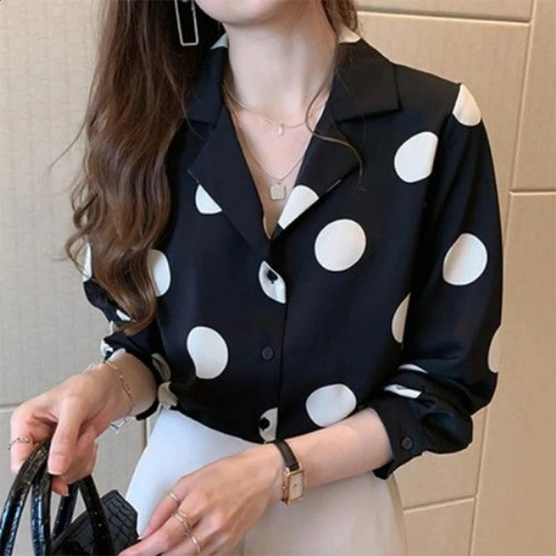 Spring Autumn Office Lady Polka Dot Print Chiffon Blouse Women Elegant Single Breasted Long Sleeve Allmatch Shirt Blusa Mujer 240125