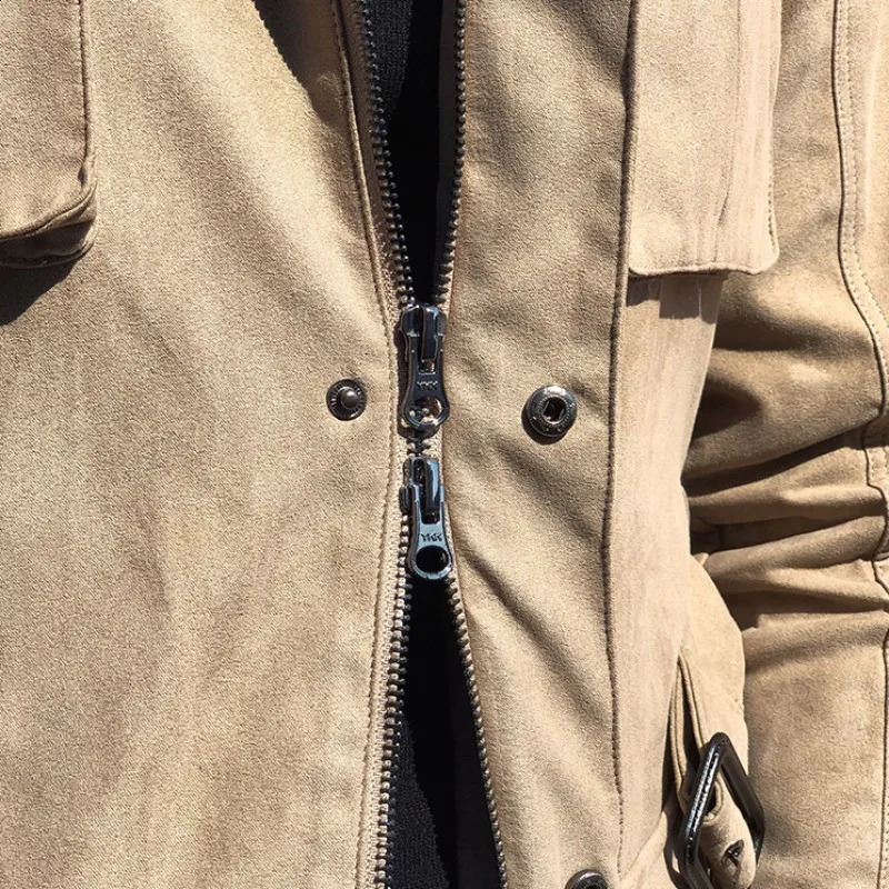 Moda mężczyźni sztuczni zamsz skórzana kurtka myśliwska Business Man Casual Multi Pockets Belted Slim Fit Work Cargo Płaszcz Mężczyzny 240130
