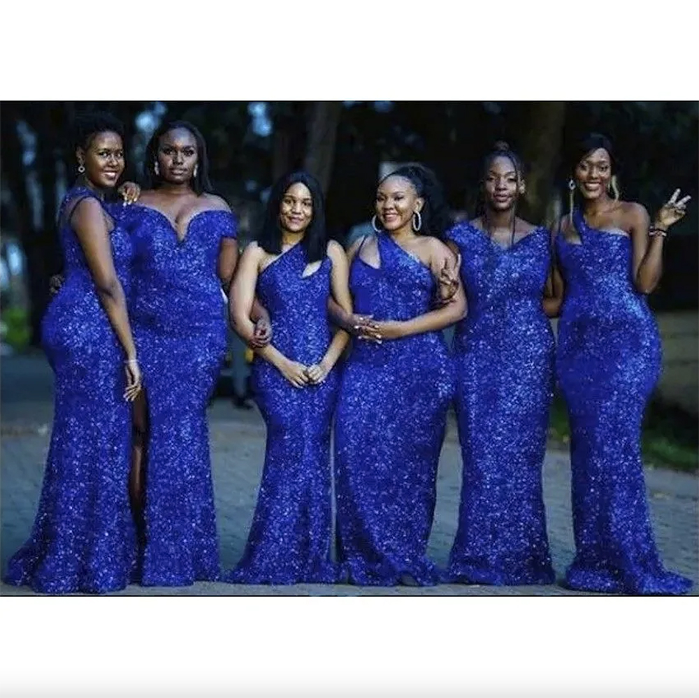 Royal Blue Sequins Bridesmaid Dresses 2024 Mermaid Floor Length Sequin One Shoulder Custom Made Plus Size Maid of Honor Gown Country