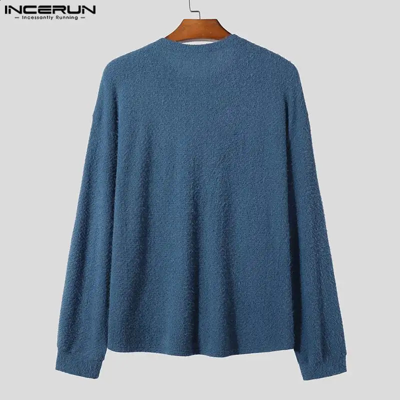 INCERUN Tops Korean Style Mens Solid Oneck Loose Pullover Fashion Simple Knitted Cardigan Long Sleeved Sweater S5XL 240130