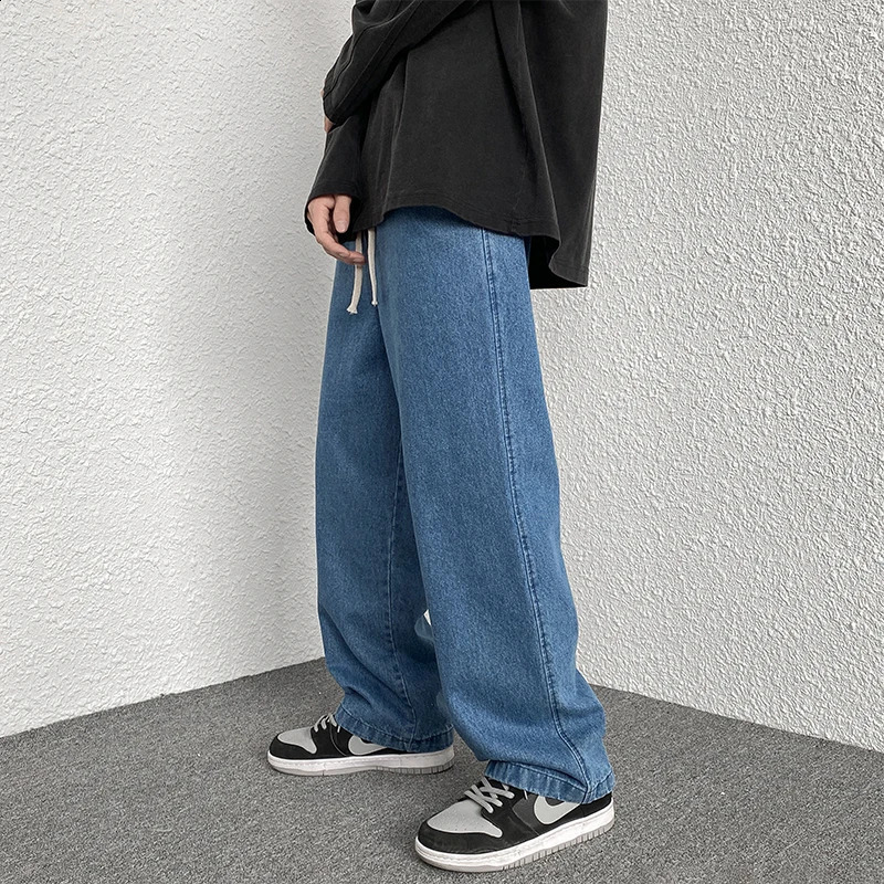 Spring and Autumn Elastic Waist Student Jeans High Slim Looking Short Loose Straight Wide Leg Pants 240130