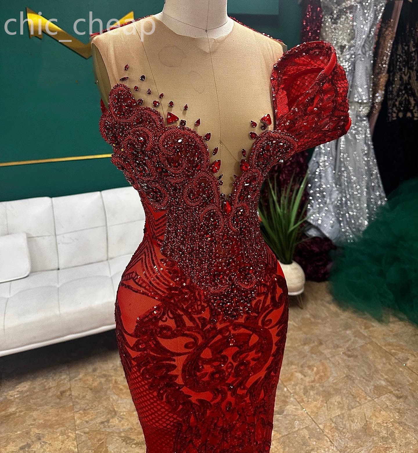 2024 ASO EBI Red Mermaid Prom Dress Pärled Crystals See Through Evening Formal Party Second Reception födelsedagsengagemang klänningar klänningar mantel de soiree zj27