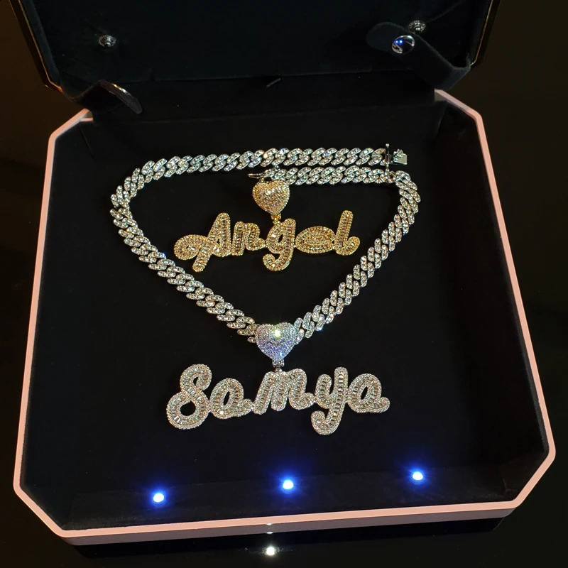 Ожерелье Grandbling с индивидуальным именем и сердечком со стразами, кубинская цепочка, ожерелье с надписью Iced Out CZ, персонализированные ювелирные изделия в стиле хип-хоп 240202