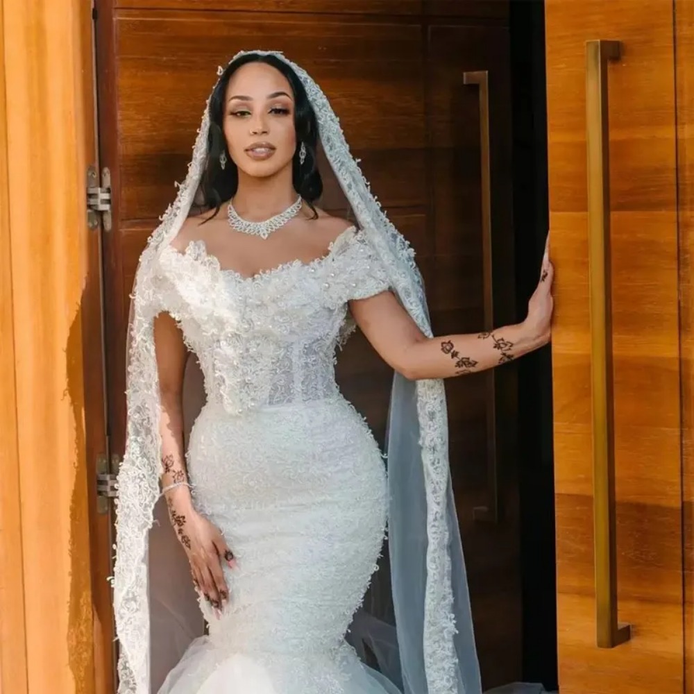 Superbe robe de mariée sirène en dentelle rétro, illusion d'épaule, sexy, perle blanche, robe de mariée arabe, sur mesure, 2024