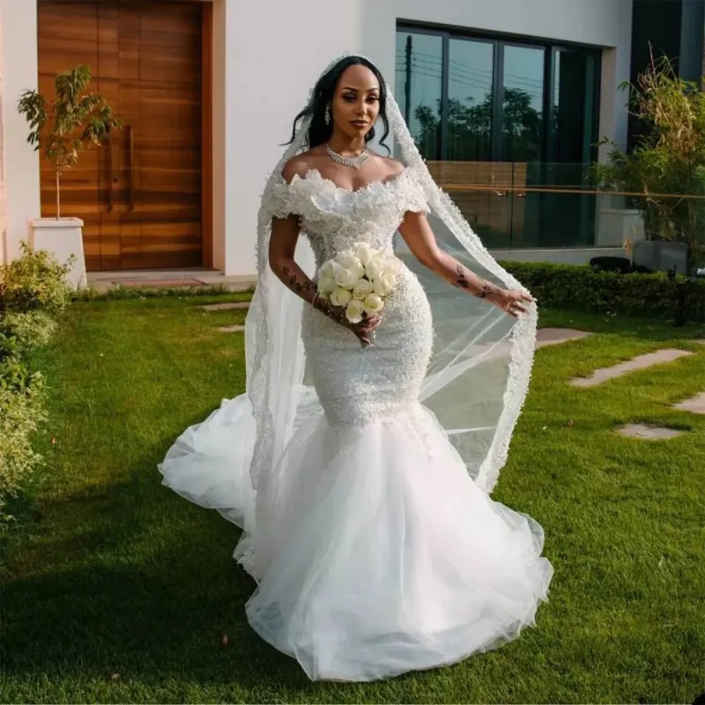 Superbe robe de mariée sirène en dentelle rétro, illusion d'épaule, sexy, perle blanche, robe de mariée arabe, sur mesure, 2024