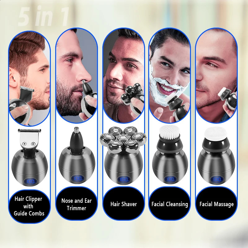 5 I 1 Electric Head Shaver for Bald Men 7d Floating Cutter Beard Trimmer Clipper IP68 Waterproof Shaving USB Wireless Charging 240124