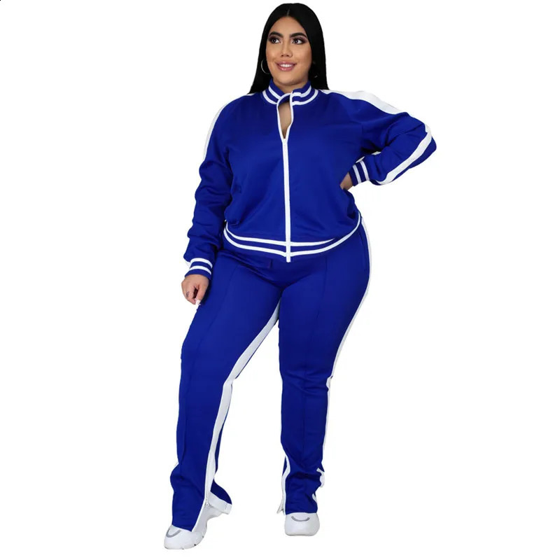 Plus la taille L-5XL deux pièces ensemble femmes fermeture éclair haut rayé fente pantalon décontracté survêtement tenue correspondant ensemble Mujor gros goutte 240125