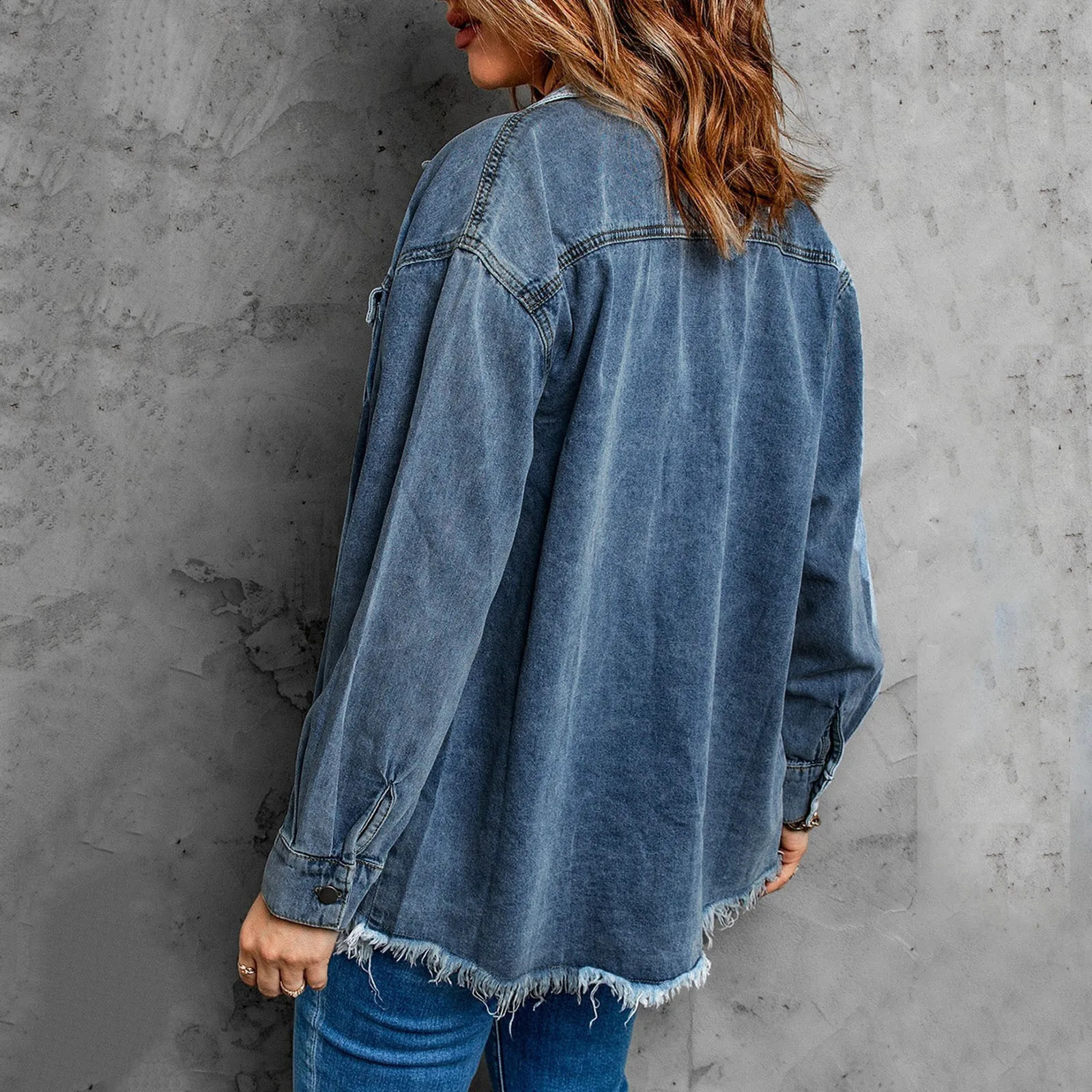 Vestes en jean pour femmes ourlet déchiré veste en jean gris Shacket femme décontracté manteaux en jean amples pardessus surdimensionné BF veste en jean 240202