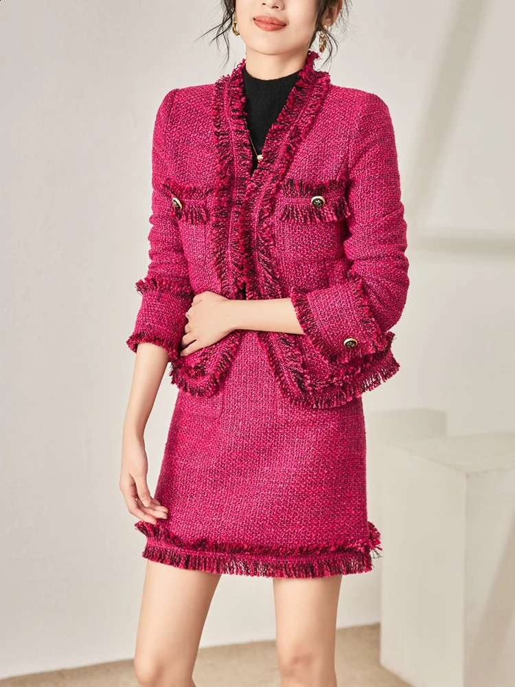 ZJYT Designer Autumn Winter Dress Set för kvinnor Elegant Tassel Tweed Woolen Jacket och kjolen Passar Två stycken Dute Party Work 240124