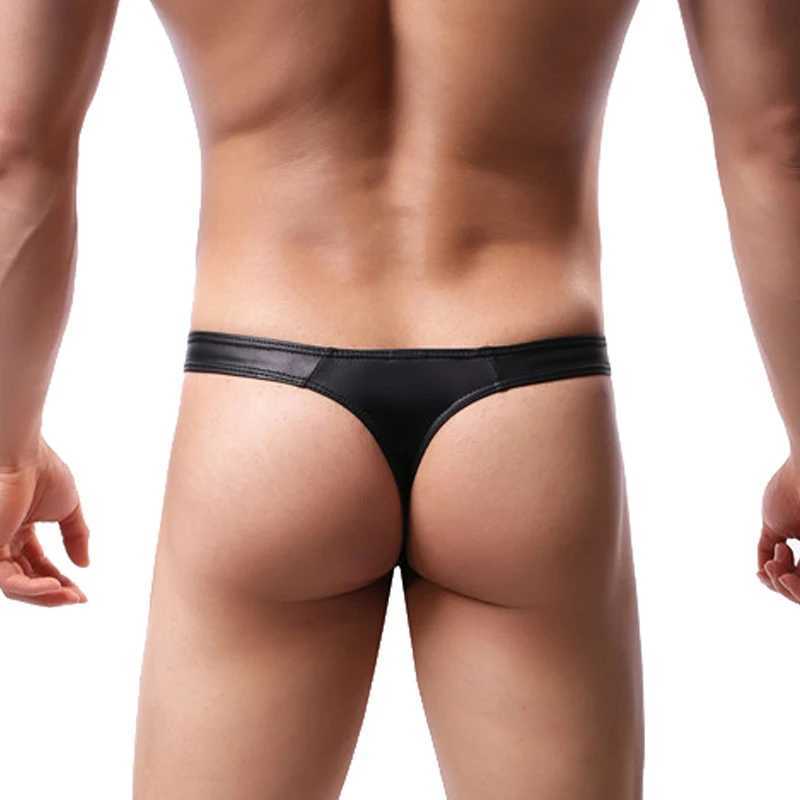 Cuecas calcinha inteligente-menmode homens roupa interior de couro falso g-string tanga sexy lingerie erótica t-back pênis bolsa biquíni anel de metal homme yq240215