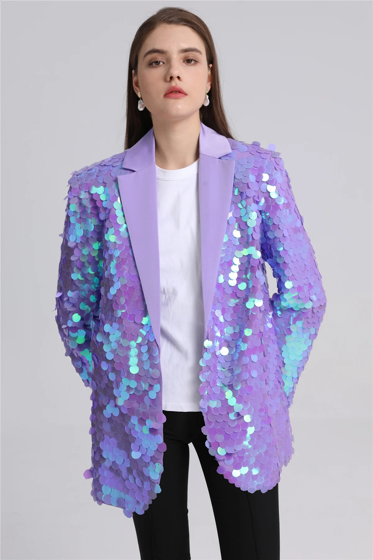 Designer Niche Womens Oversize Wide Purple Sequin Blazer Fallwinter 240130