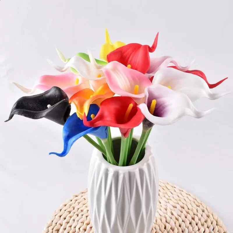 Bouquet de fausses fleurs blanches Calla Lily, 20 pièces, Bouquet de mariage artificiel, en Latex, toucher réel, décoration de fête d'anniversaire pour la maison, 240127