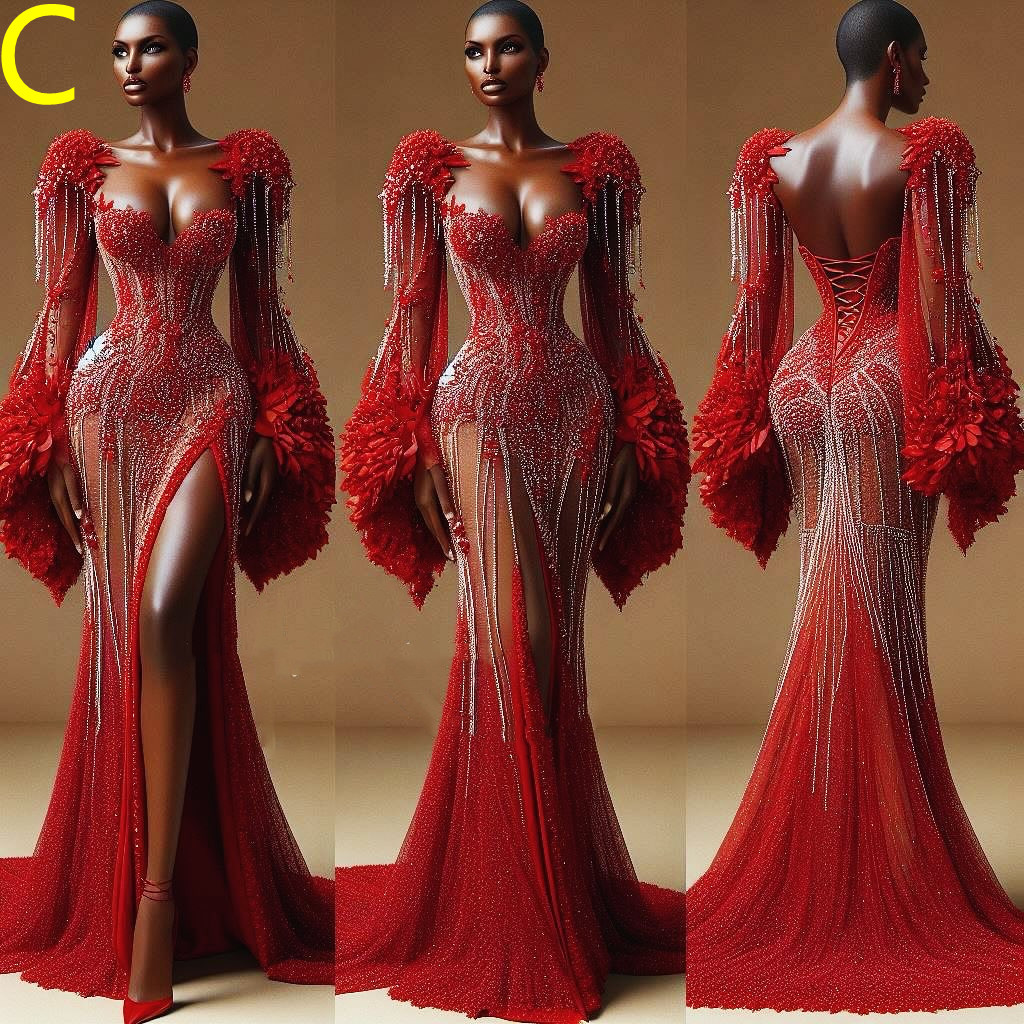 2024 Aso Ebi Vermelho Luxuoso Sereia Vestido de Baile Lace Frisado Cristais Tiers Noite Festa Formal Segunda Recepção Aniversário Vestidos de Noivado Vestidos Robe De Soiree ZJ23