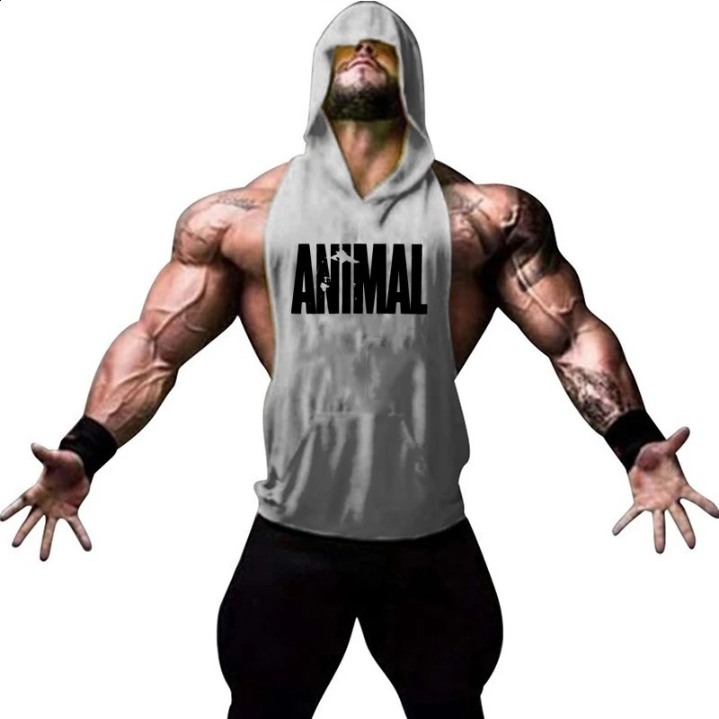 Hommes Bodybuilding Animal sans manches à capuche débardeurs Muscle Stringer athlétique Fitness gilet haut été sweats à capuche vêtements de sport hauts 240119