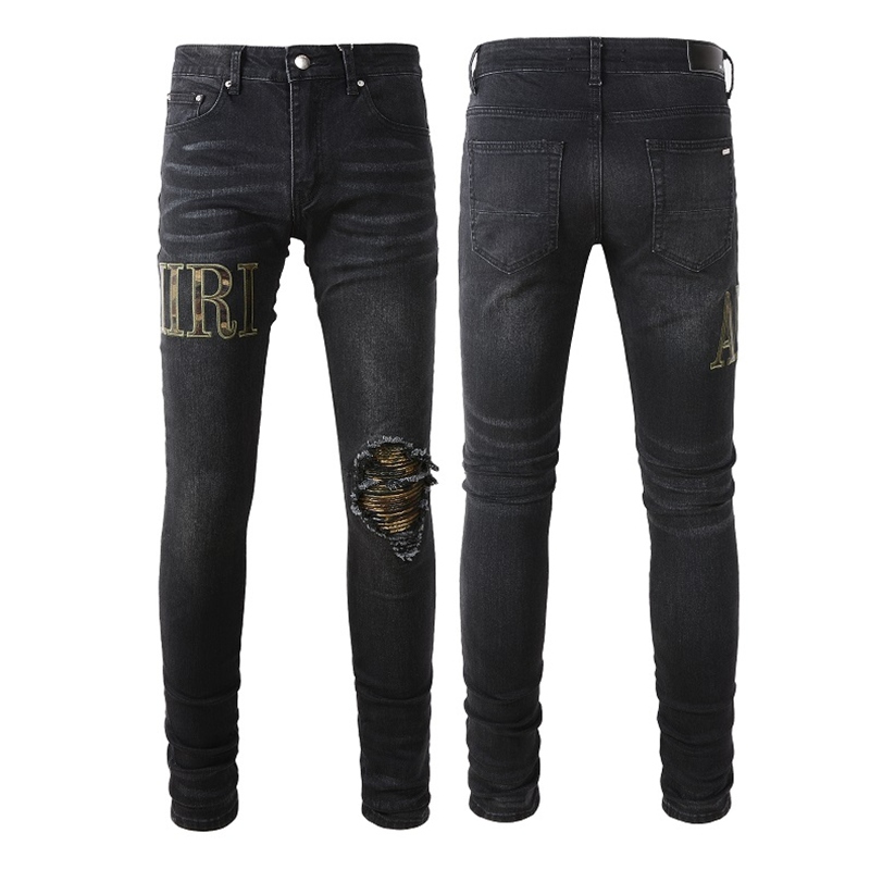 Fashionable men's jeans with cool style, luxurious designer denim pants with holes and split black blue jeans, slim fit size 28-40 new Amirs