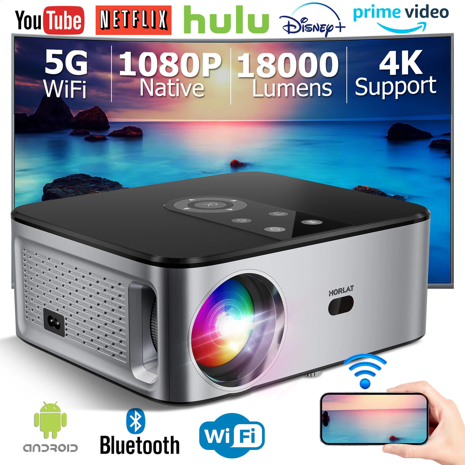 Horlat Android 4K LED Projector 700ansi Full HD 1080p Video Fares Homeate Auto Keystone 5G WIFI 18000 lubNUMENES Portable Proyector 240125