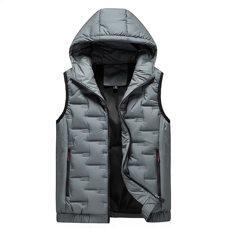 Мужской жилет с капюшоном, плиссированное однотонное стеганое пальто, ветрозащитная теплая куртка без рукавов, мужской жилет, зимние утепленные парки, большие размеры 8XL 240125