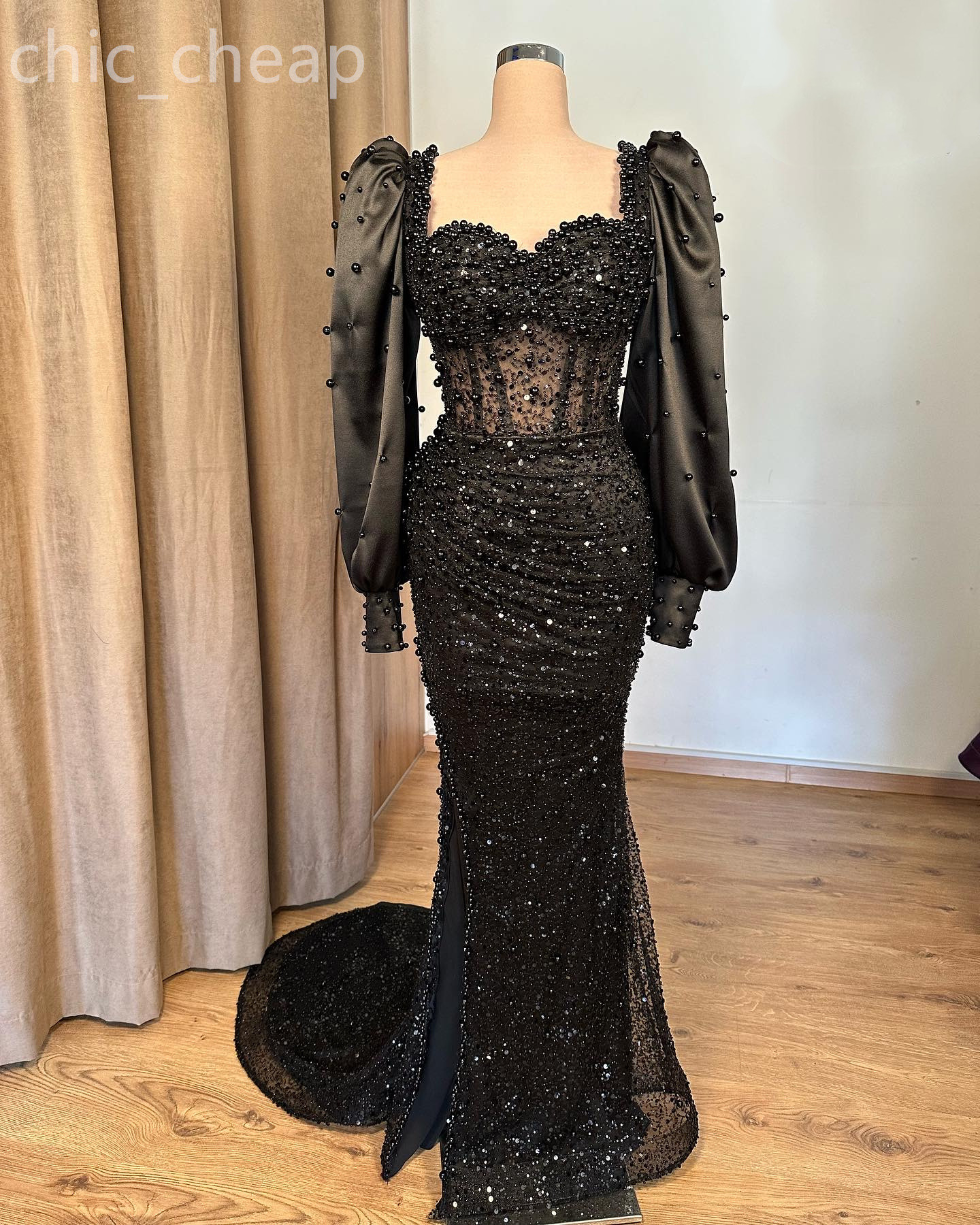 2024 ASO Ebi sirène noire robe de bal perles paillettes en dentelle sexy soirée formelle Fête formelle deuxième réception d'anniversaire de fiançailles robes robes robe de soirée zj28