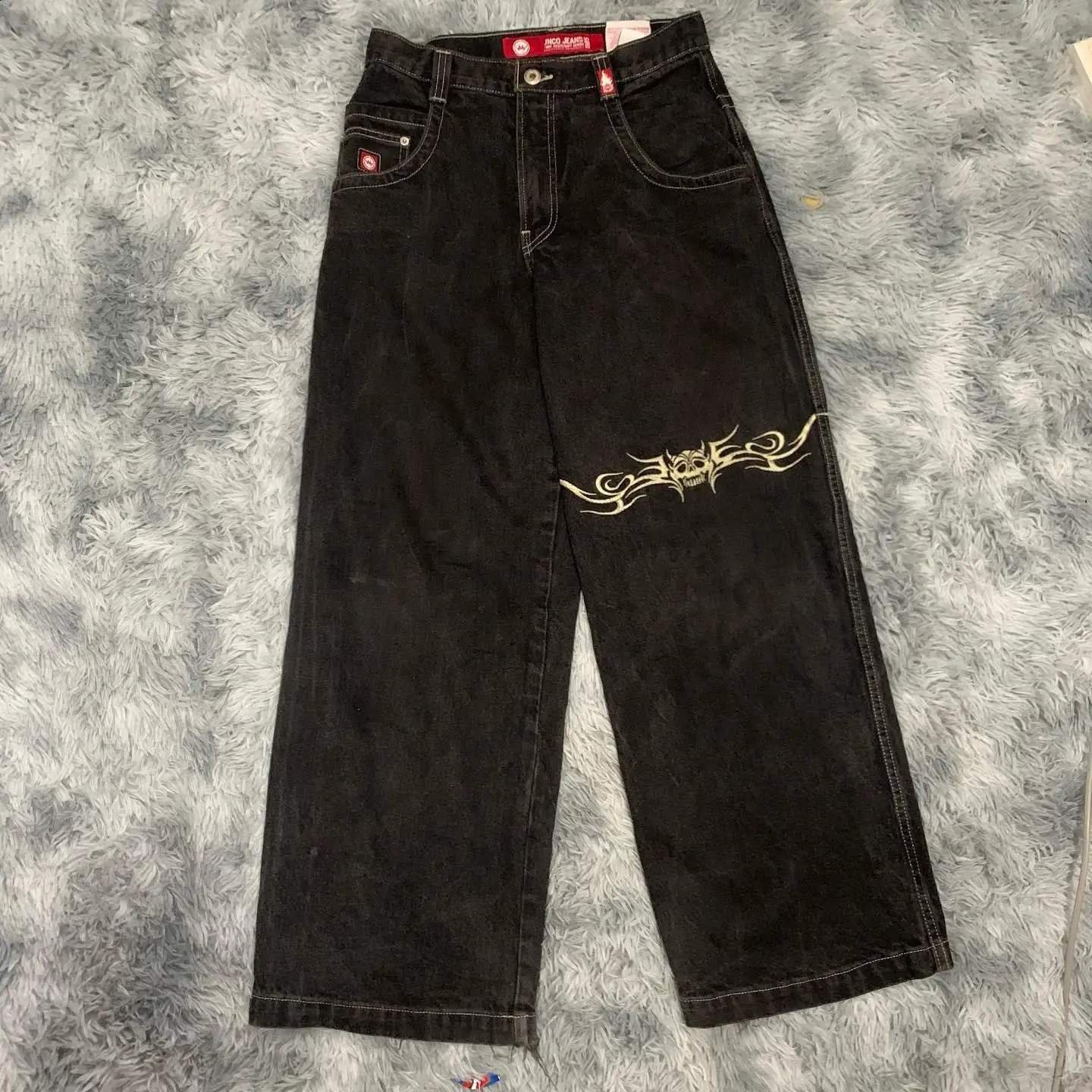 JNCO Jeans Y2K Hip Hop Graphic Print Gothic Black Baggy Retro Pants Men Women Streetwear High midje breda byxor 240124