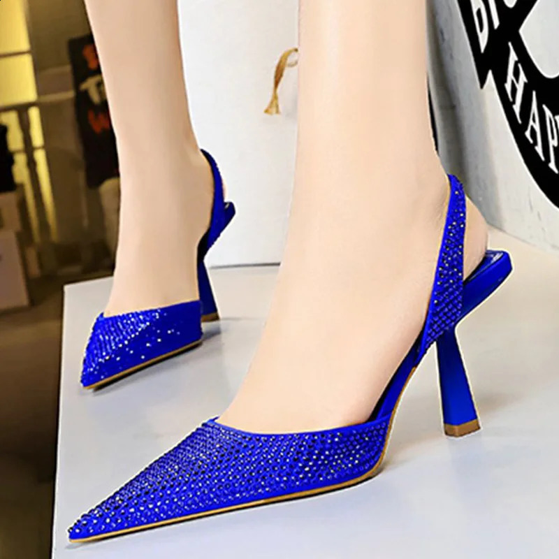 TRAF Elegant Slingback High Heel Woman Pumps Female Gold Black Blue Rhinestone Heels Sandals Stiletto Heels Office Lady Shoes 240125