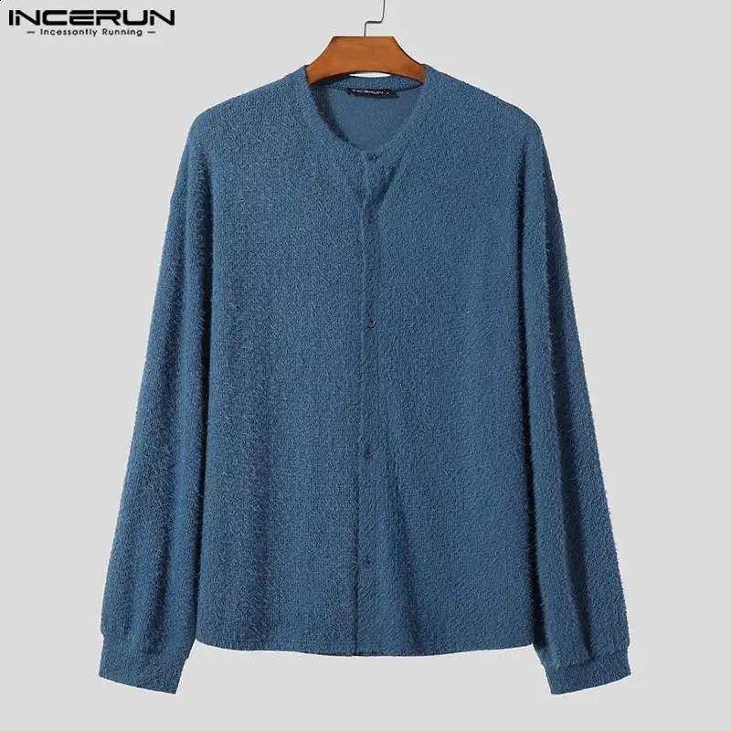 INCERUN Tops Korean Style Mens Solid Oneck Loose Pullover Fashion Simple Knitted Cardigan Long Sleeved Sweater S5XL 240130