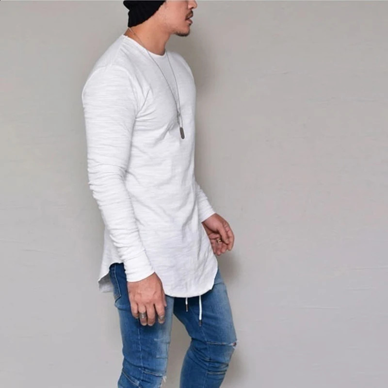 Spring Long Style Hip Hop T -shirt Fullärmar Slim Fit T Shirts Men Round Neck Asymmetry Streetwear Tshirt Topps Storlek 5xl 240124