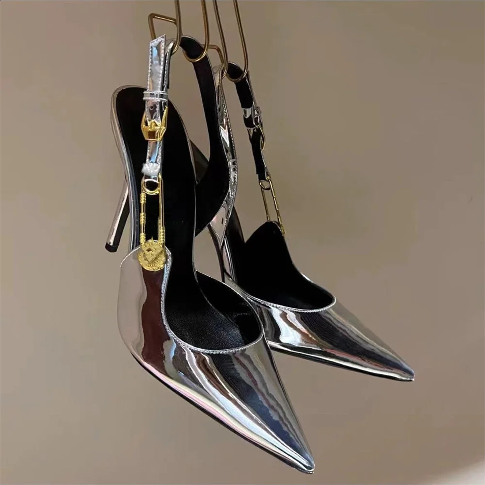 Fashion Women Patent Leather High Heels Shoes Sexy Pointed Toe Metal Buckle Stiletto Sandals Lady Pink Rhinestone Shallow Pumps 240125