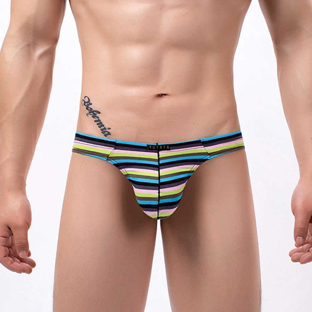 Slips Culottes Hommes Micro String Sexy U Poche Convexe Lingerie Sous-Vêtements Arc-En-Stripe G-String Bikini Sous-Vêtements Respirants YQ240215