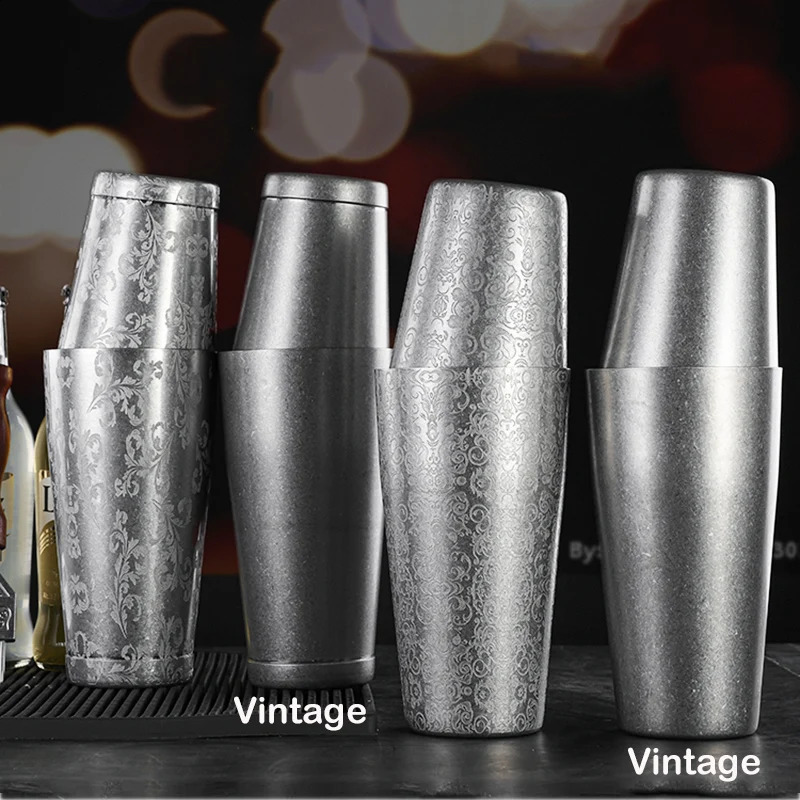 Boston Cocktail Shaker avec motif de gravure, ensemble de 2 pièces, en étain, 800ml, 500ml, 240130