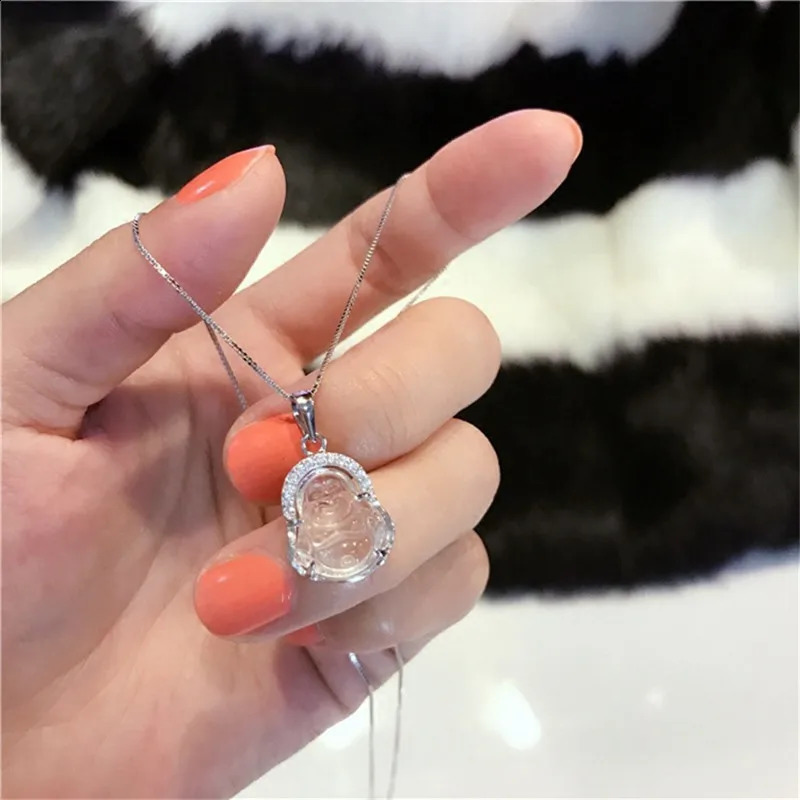 Mini Buddha Necklace Small Pink Crystal Maitreya Jewelry Chinese Style Amulet Clear Quartz Stone Charm Buddhist 240202