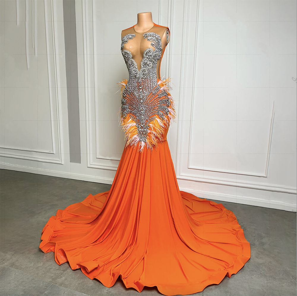 Long Orange Fitted Mermaid Prom Evening Dress 2024 Silver Beaded Rhinestone African Black Girls Satin Luxury Prom Gala Gowns