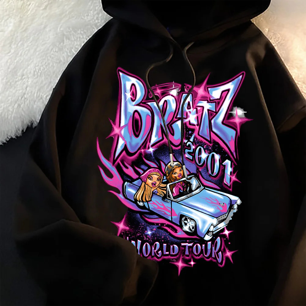 Bratz Letter Sweatshirts Women's Casual Black Tops Harajuku Fashion Hooded Streetwear långärmad grafisk jacka Kpop kläder 240125