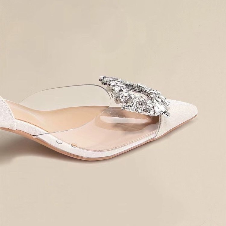 Sexy Banquet Transparent Wedding Shoes For Bride Comfortable Sparkly Crystal Solid Color Pointed Toe Women Prom Shoes High Heels Bridal Summer Sandals CL32