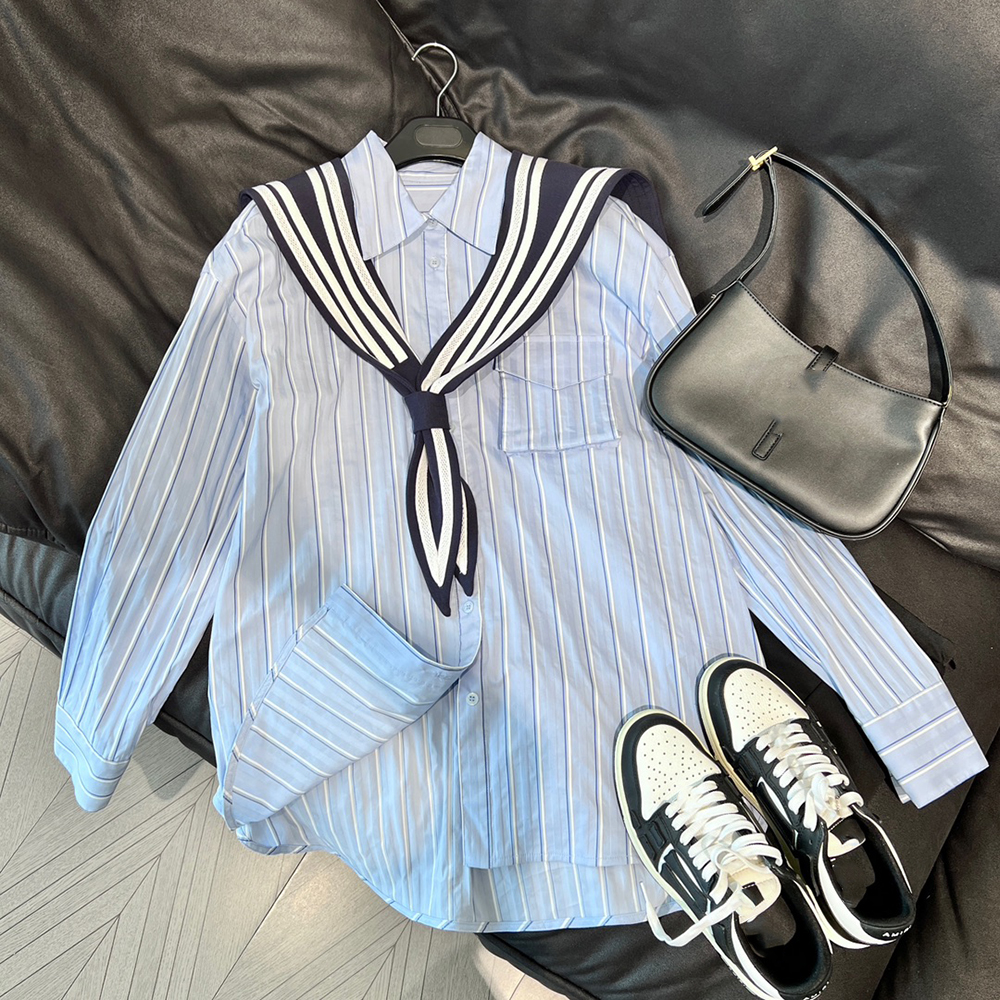 Designer Women's Shirt Spliced Stripe Navy Shawl Young Fashion Men's and Women's Oversized Two Piece Casual Shirts