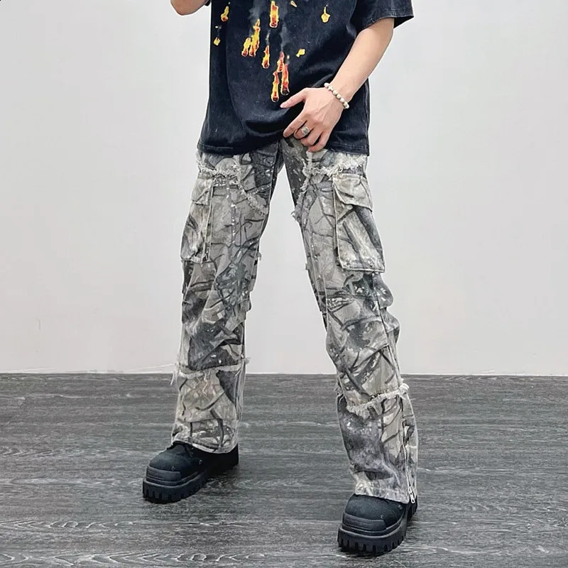 Overalls Camouflage Y2K Fashion Baggy Flare Jeans Cargo Pants Men Clothing Straight Women Wide Leg Long Trousers Pantalones 240202