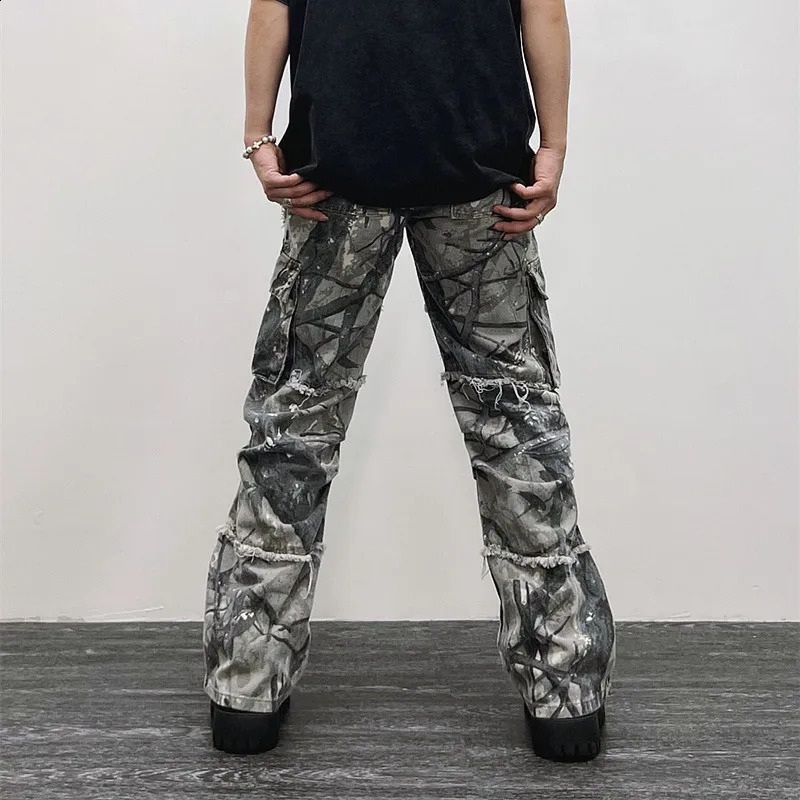 وزرة مموهة y2k الموضة الفضفاضة الجينز الجينز السراويل البضائع الرجال الملابس مستقيمة النساء على نطاق واسع الساق الطويلة بانتالونس 240202