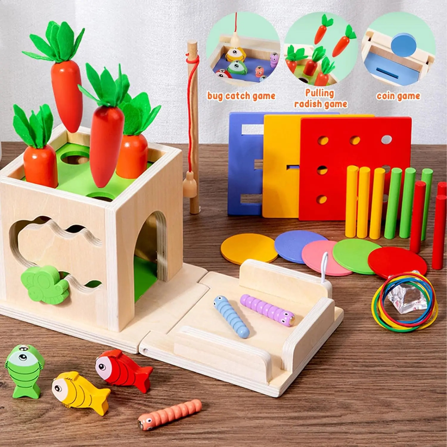 Montessori giocattolo in legno include ordinamento dei colori tirare carote pesca catturare insetti giochi abilità motorie 240202