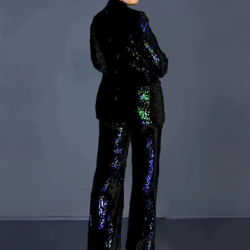 Fashion Solid Women Set Blazer Pant Suits Spring Long Sleeve Sequins Coat High midje breda benbyxor Kvinna 240202