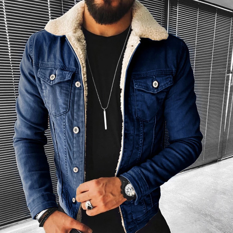 Denimjacka förtjockad män imitation lamm ull fast färg höst vinter varm lös bekväm fashionabla gatustil 240220