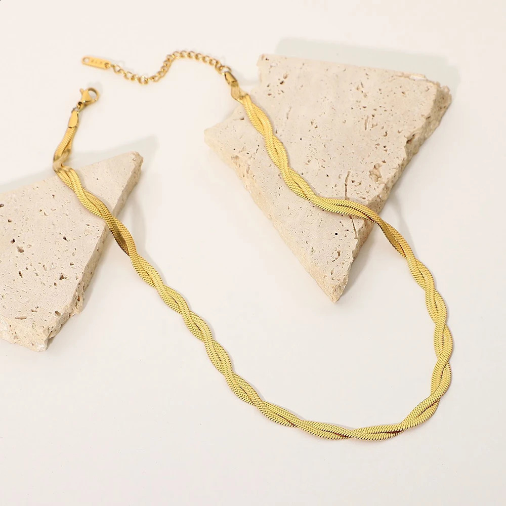 Dubbel flätad ormkedja sillbenshalsband armband uppsättning för kvinnor rostfritt stål vattentätt 18 k guldpläterade smycken 240125