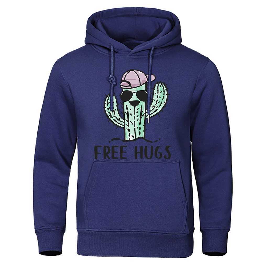 Herrtröjor tröjor gratis kram från spiny cactus tryck hoodies mens vintage ficka tröja varma lösa toppar personlighet fleece hoodie för män t240217