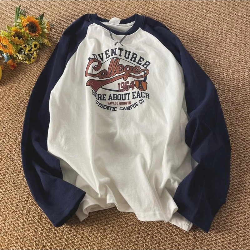 Vintage Oversized T-shirt for Men Contrast Color Raglan Long Sleeve Letter Print T Shirt Hip-hop American Retro Unisex Tops Tees 240122