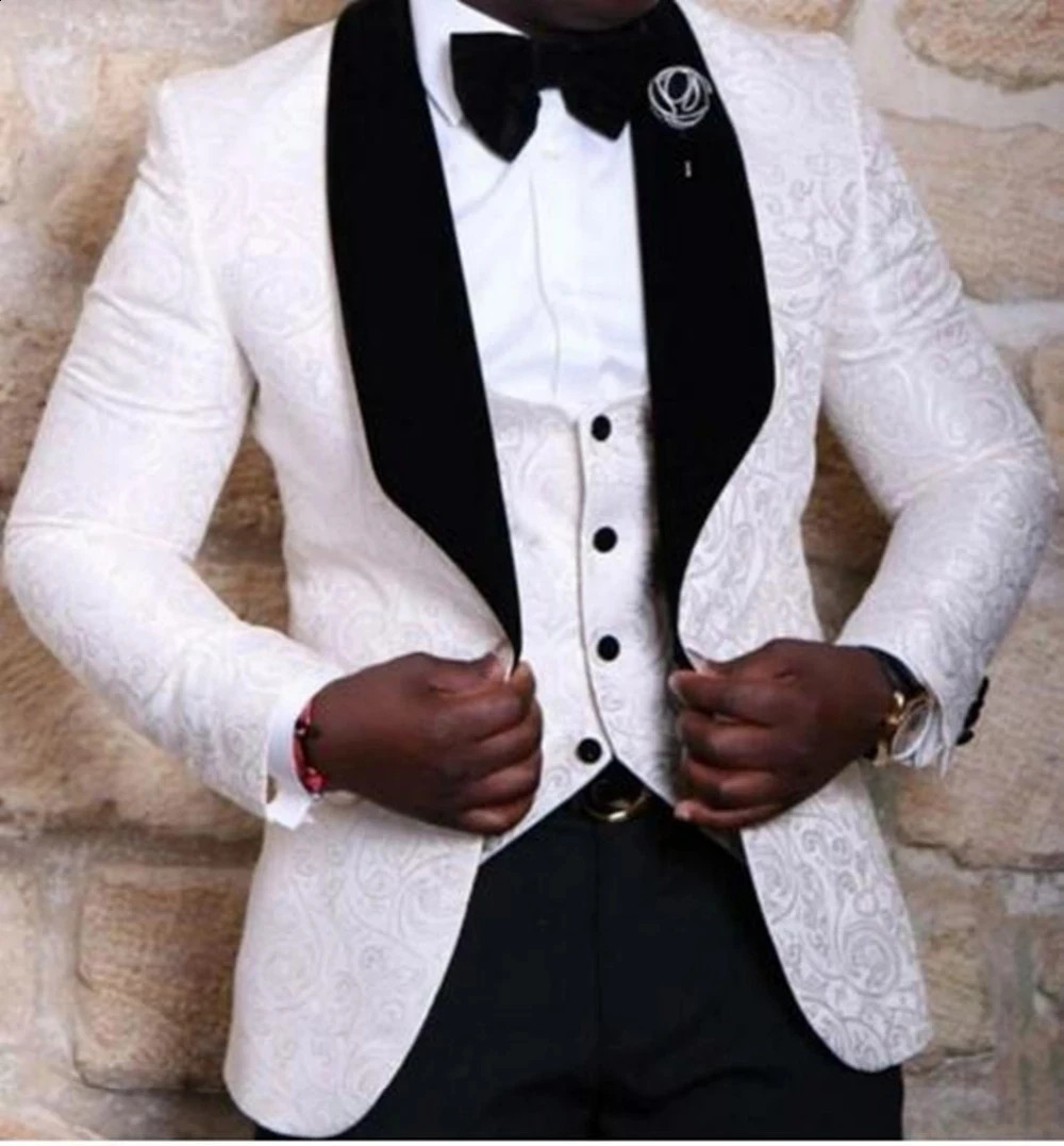 Kvalitetsdräkt groomsmen sjal lapel tuxedos röda vita svarta män kostymer bröllop man blazer jackapantsstievest 240201
