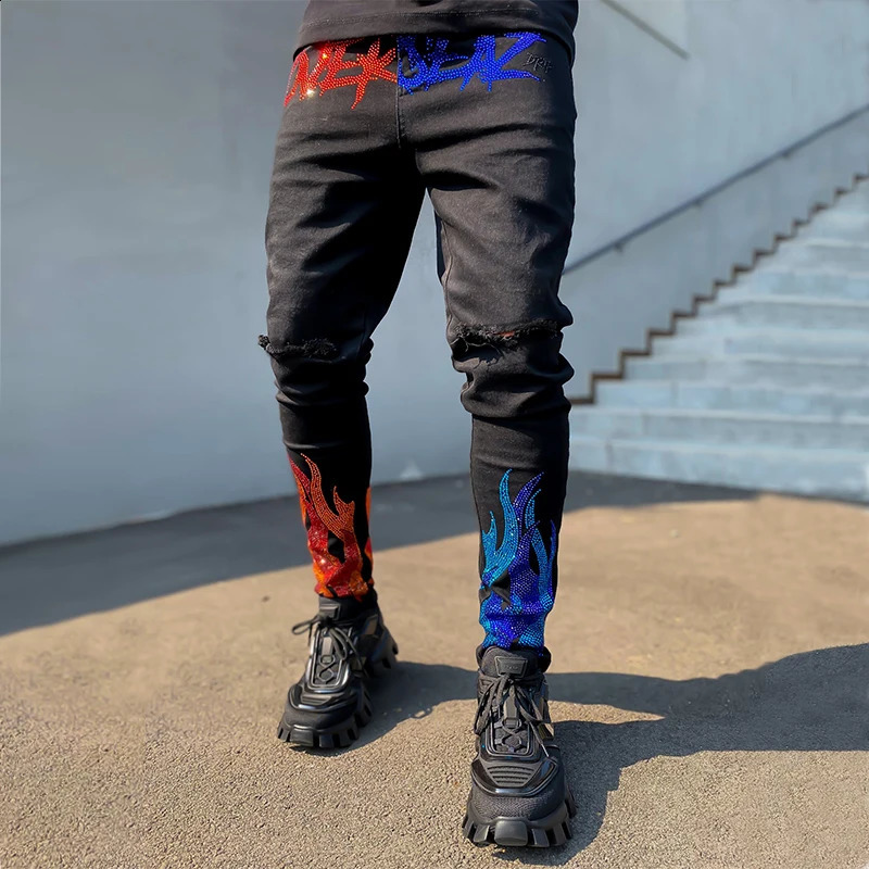 Drill Bikerbroeken Street chic Hoge kwaliteit denim herenkleding Gescheurde skinny jeans voor heren Zwart Slim Fit Gat Potloodbroek 240129