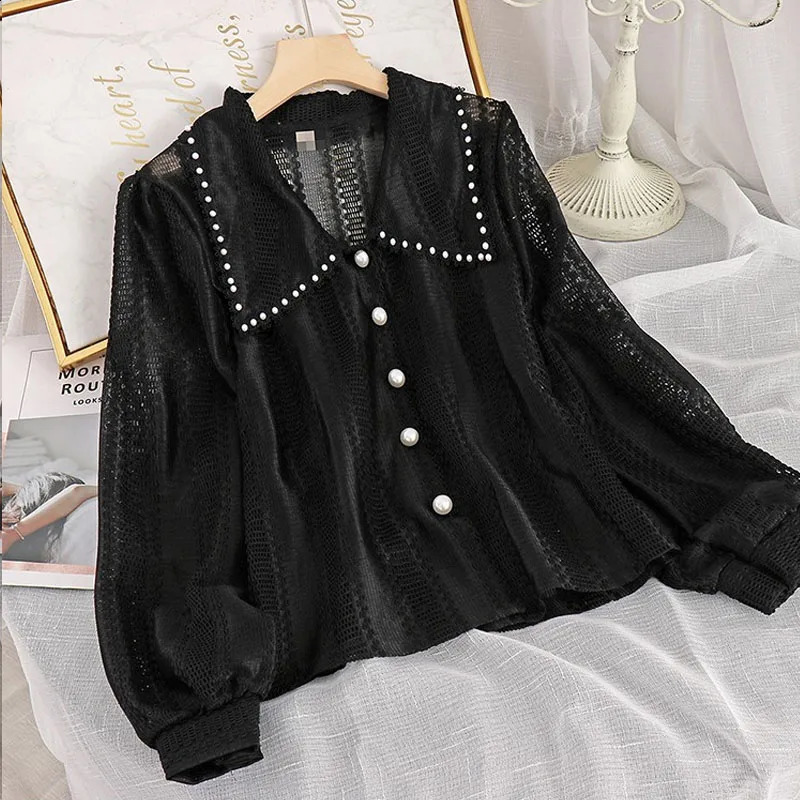 Blusas de encaje de primavera moda mujer ahueca hacia fuera el cuello Peter Pan Tops Oficina señoras manga larga camisa sólida elegante 14562 240125